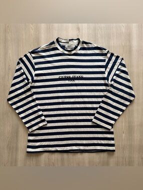 Vintage Guess Jeans USA Stripe Long Sleeve Sz M Made in USA Embroidered Logo